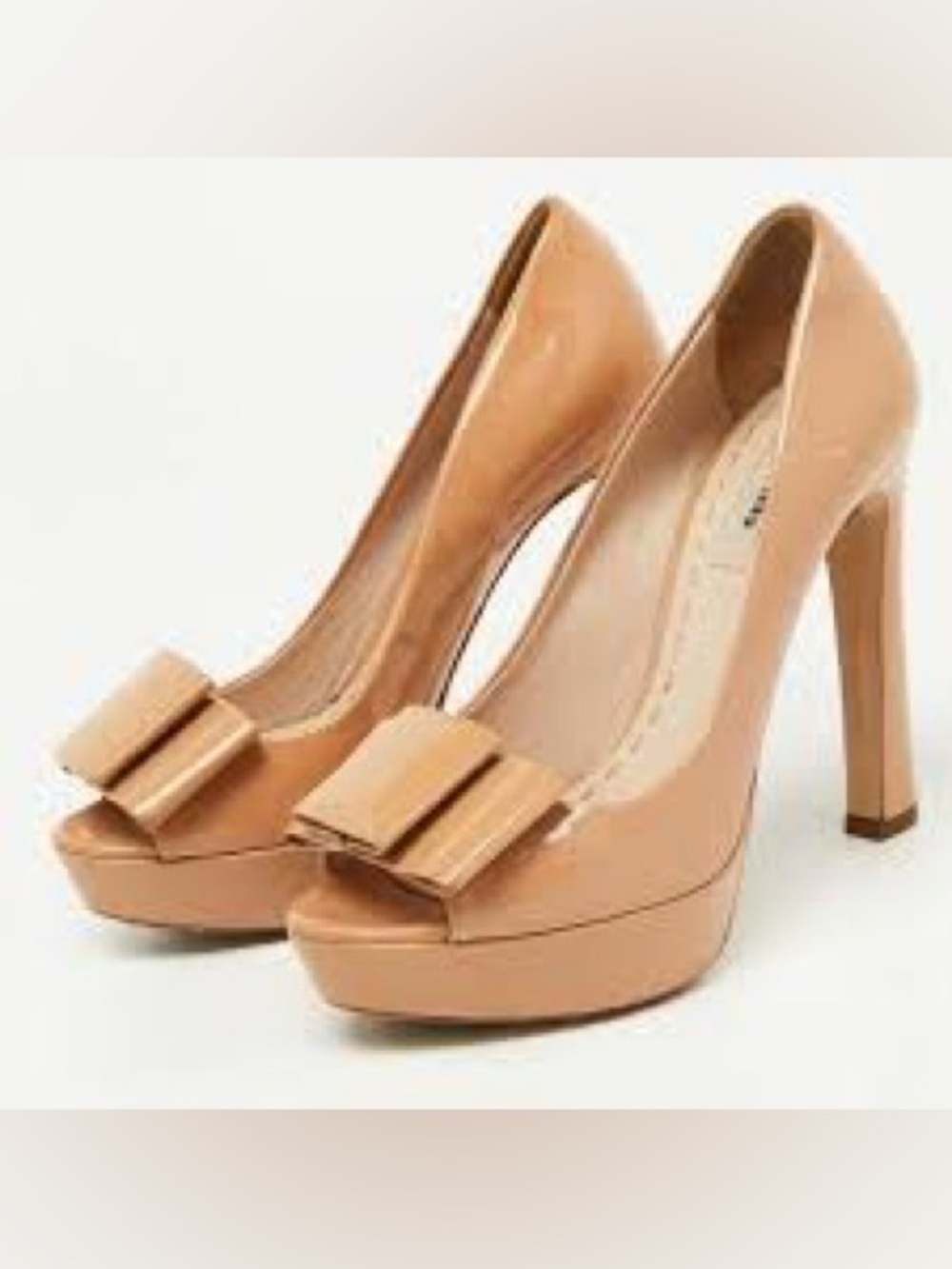 Miu Miu Pink/beige patent leather bow peep-toe platform pumps Sz 38.5